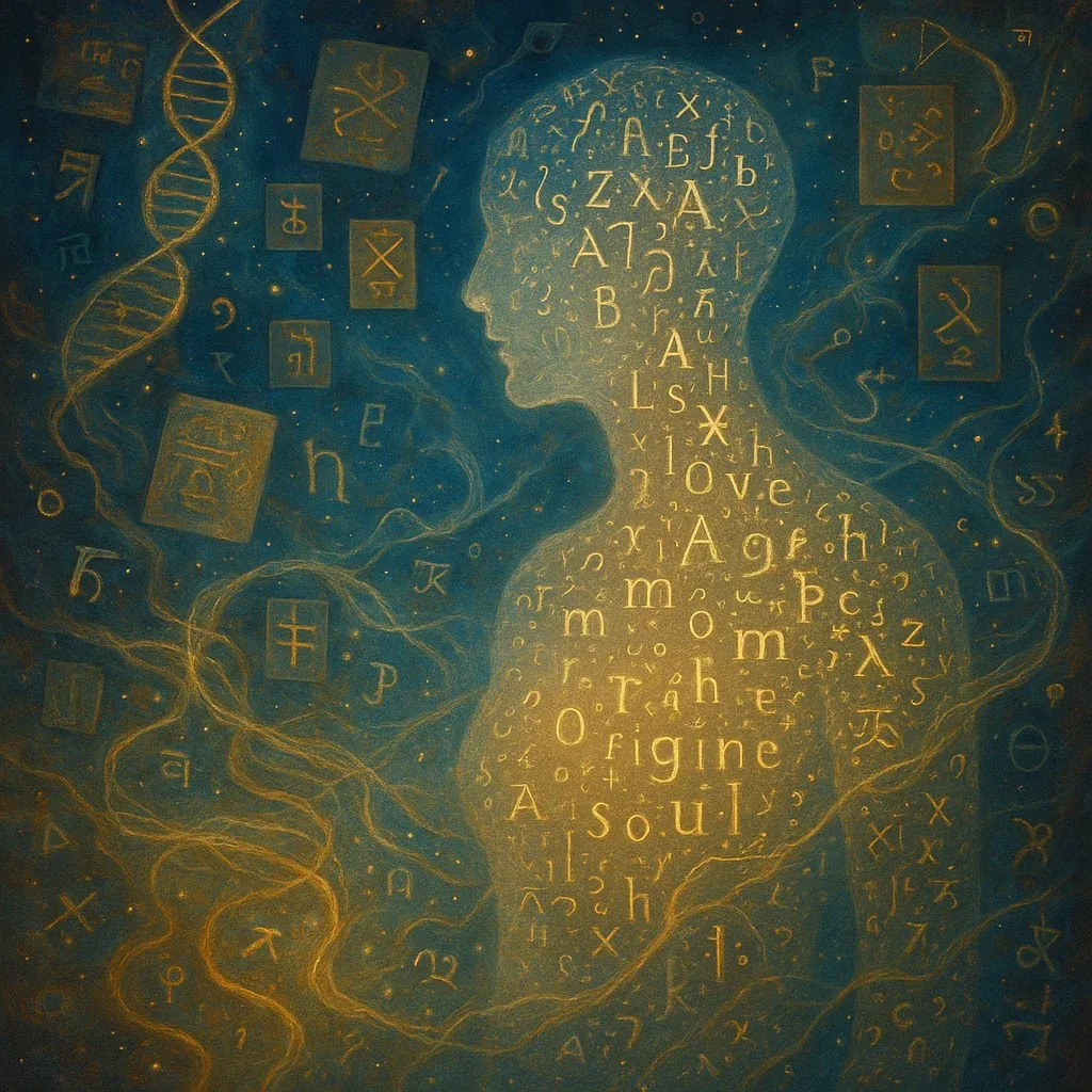 Generated painting: a human silhouette filled with glowing letters and symbols, the words love, origine and soul among them, beside a DNA helix on a deep blue field