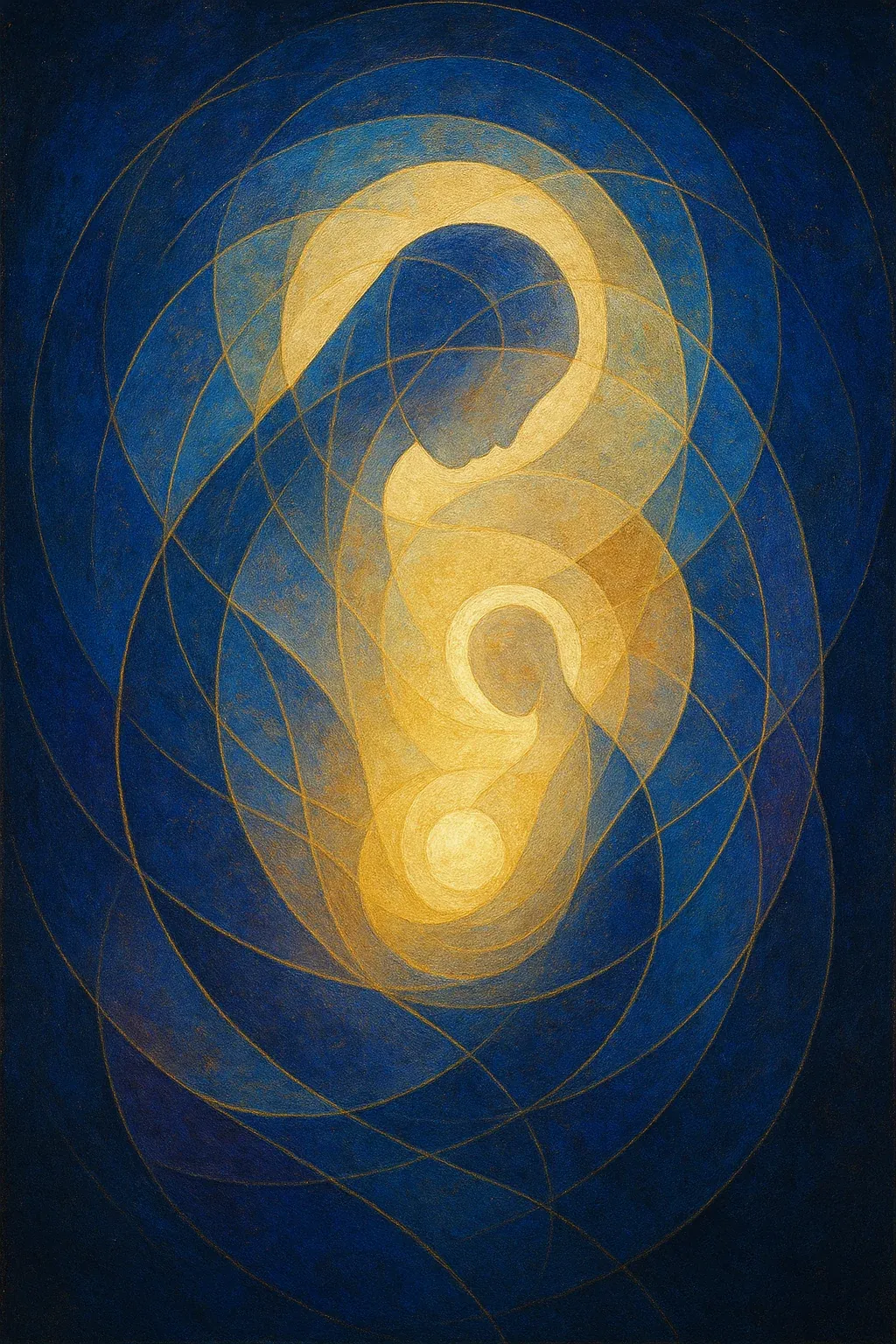 Generated painting: nested golden curves on deep blue that suggest a figure curled around a smaller one, crossed by thin orbital lines