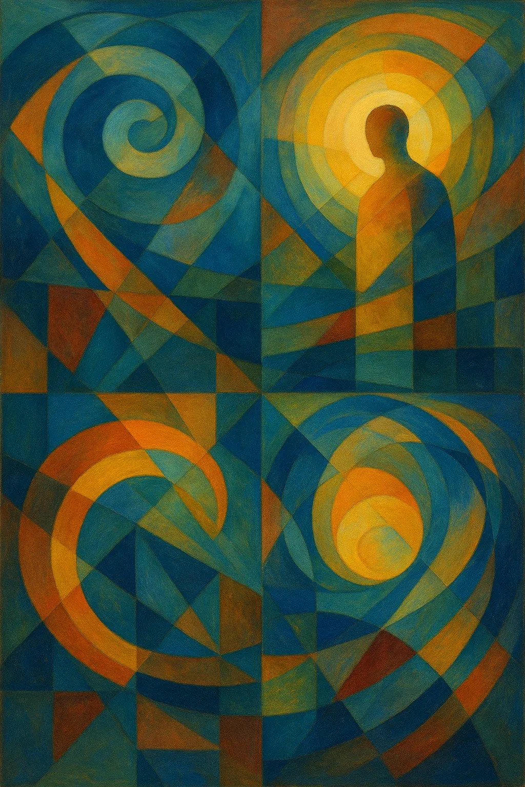 Generated painting: four panels of blue, orange and gold spirals in a faceted style, one with a dark human figure against a glowing disc