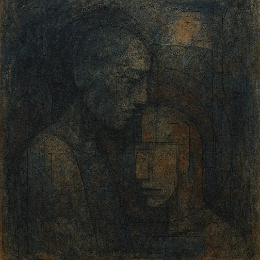 Generated painting: two faces in dark charcoal tones, one in profile bowed over a smaller, geometric face, drawn over a grid of fine lines
