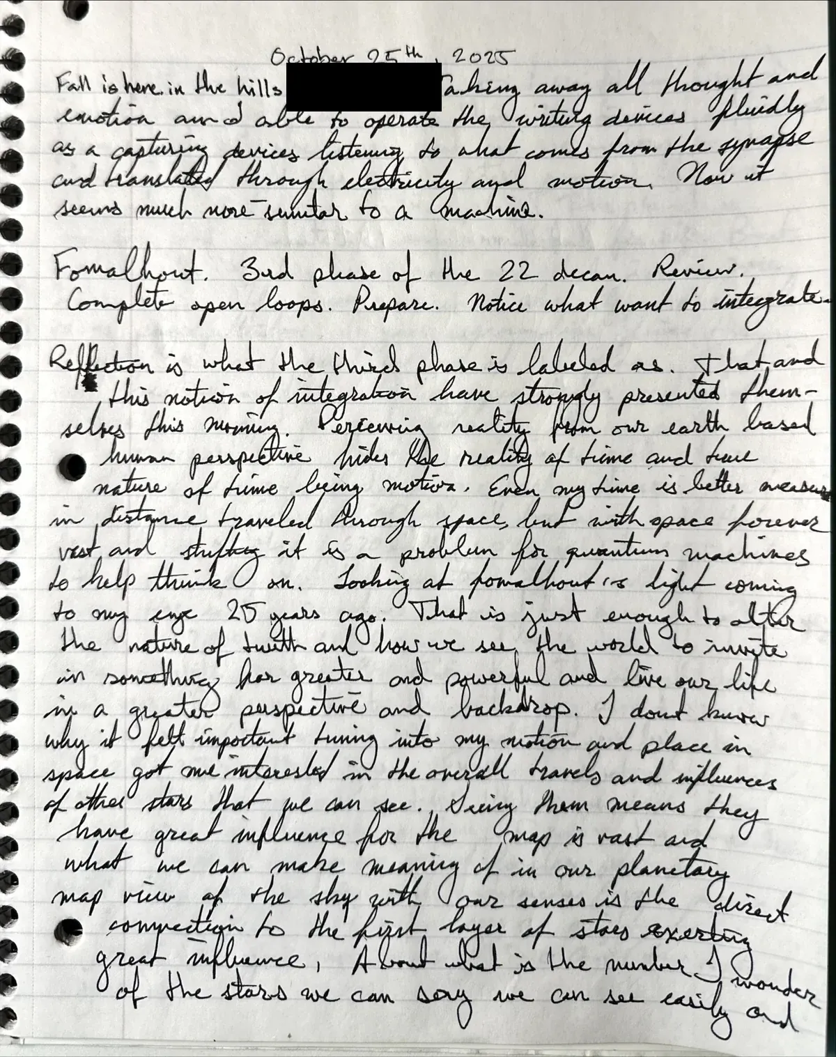 A notebook page of black cursive dated October 25th, 2025, with a place name blacked out, that opens: Fall is here in the hills.