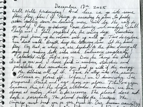 The opening of the December 17 handwritten entry: Well Hello Wednesday! And here we go into some flow, flow, flow!