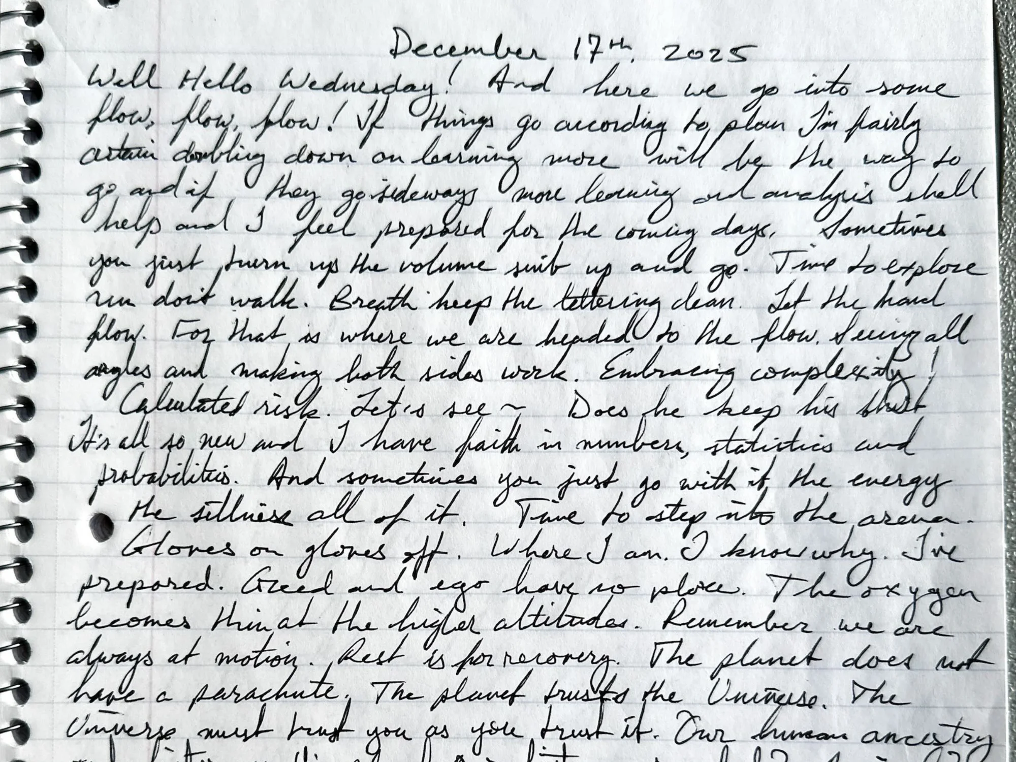 The opening of the December 17 handwritten entry: Well Hello Wednesday! And here we go into some flow, flow, flow!