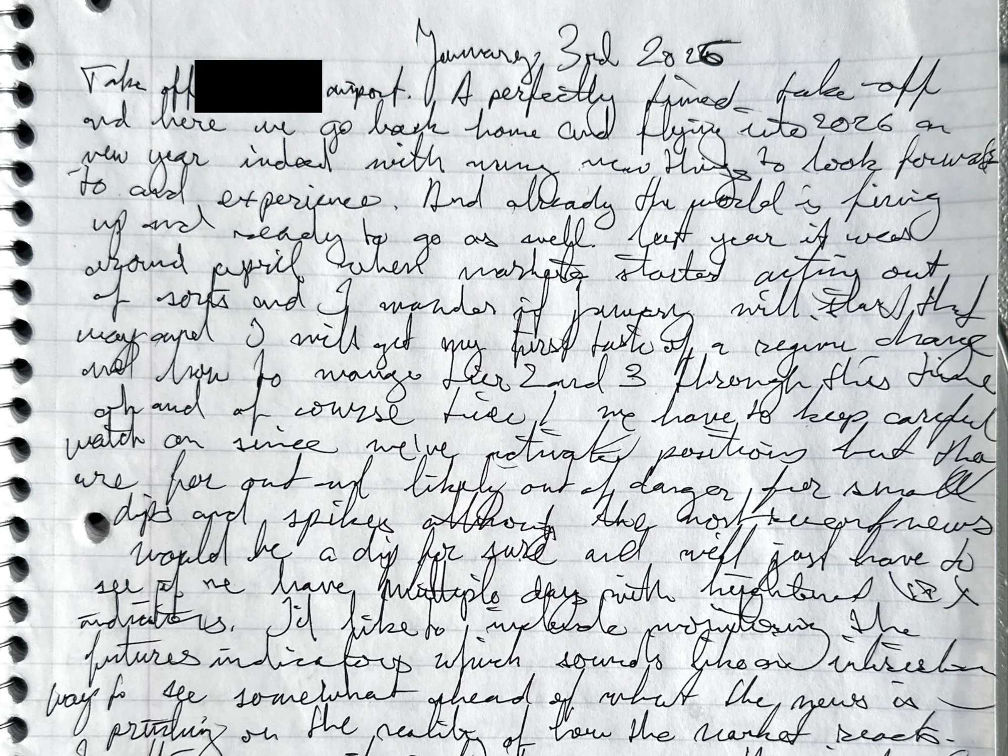 The opening of the January 3 handwritten entry: Take off. A perfectly timed take-off and here we go back home.