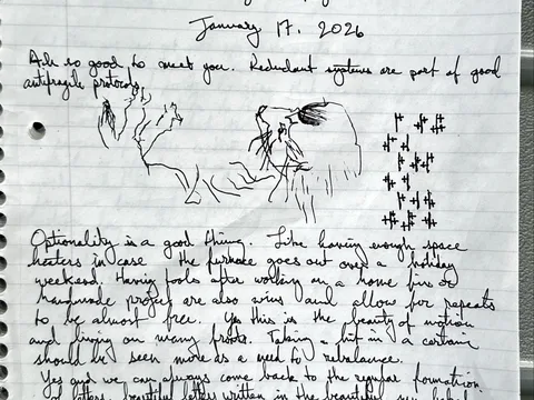 The January 17 handwritten page with sketches: redundant systems are part of good antifragile protocols.