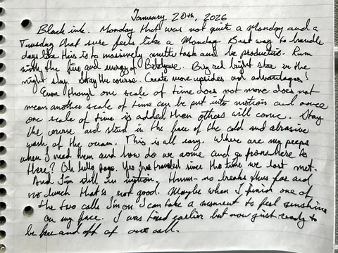 The opening of the January 20 handwritten entry: black ink, a Monday that was not quite a Monday.