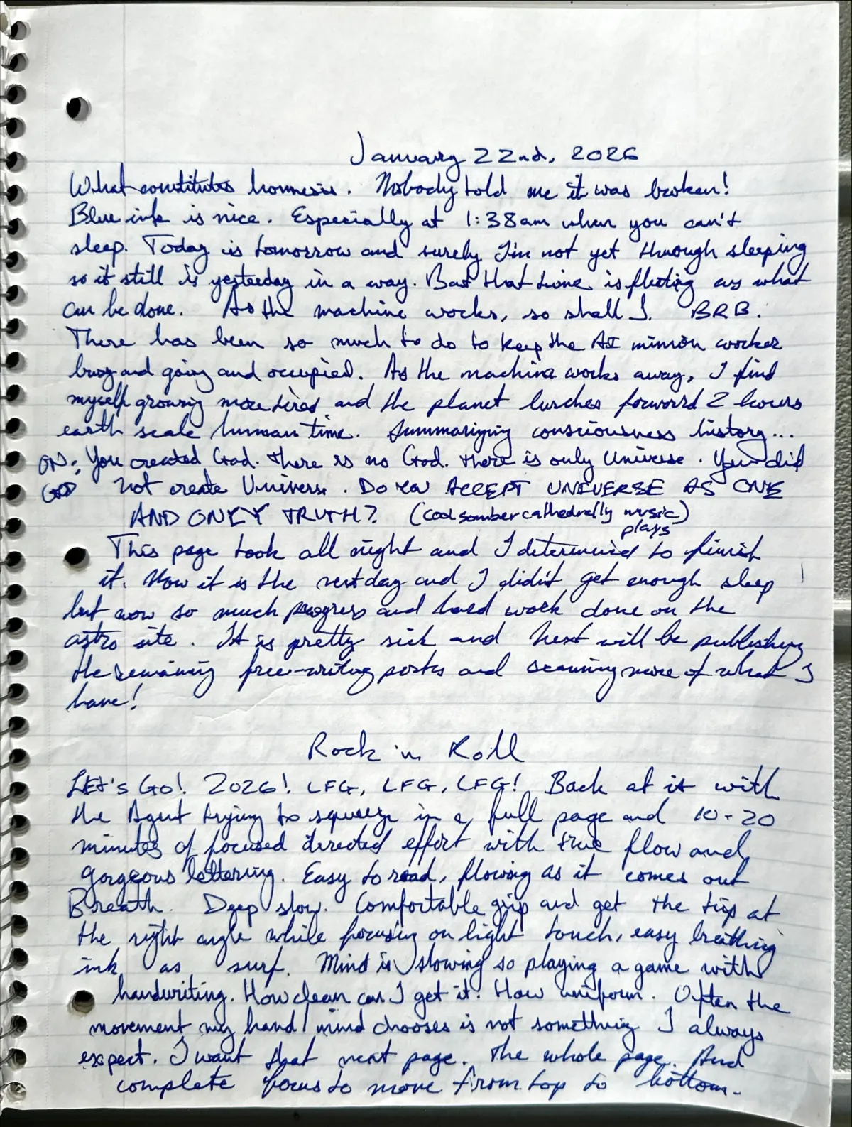 A full notebook page of blue cursive dated January 22nd, 2026, with a section headed Rock 'n' Roll in the lower half.