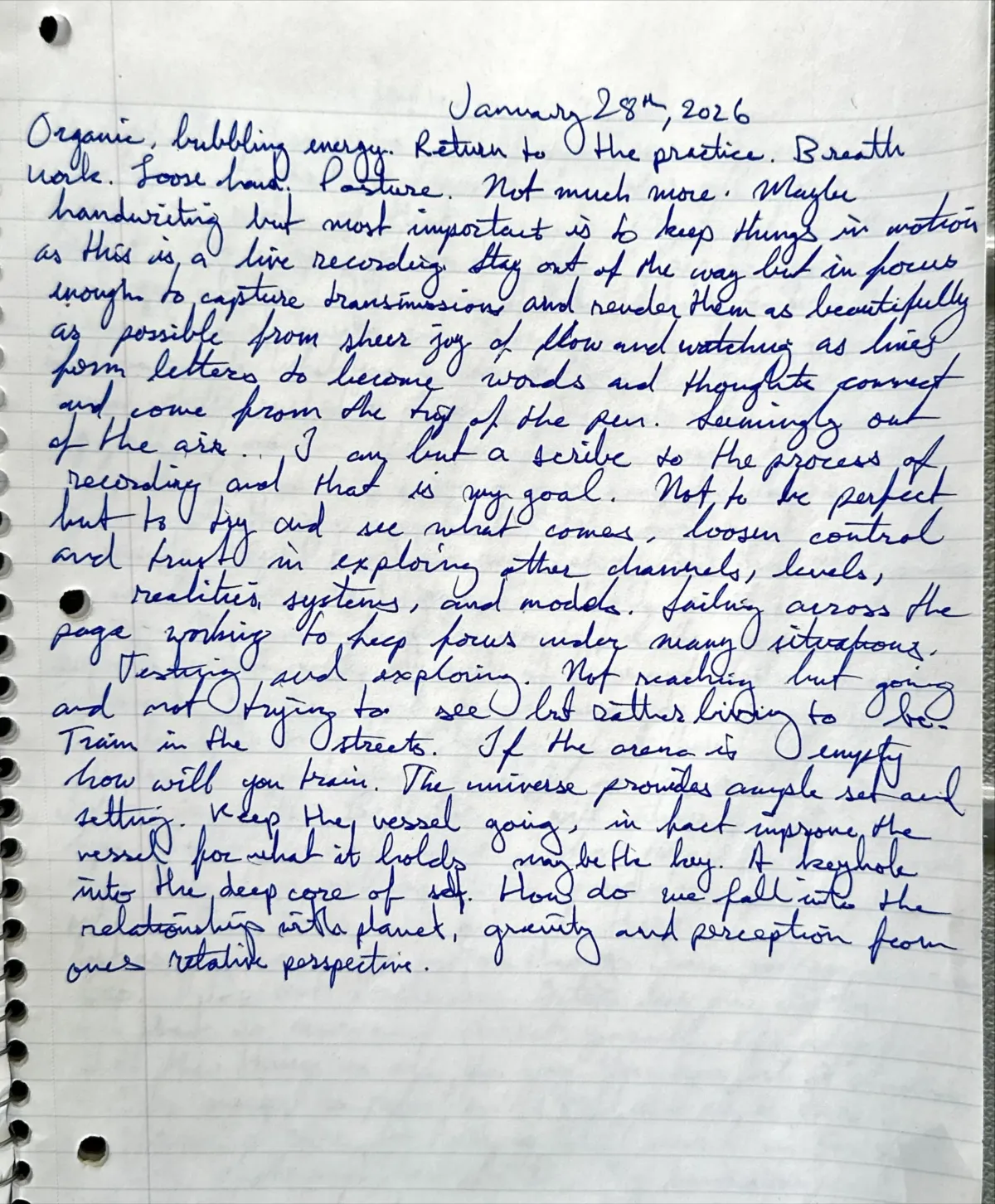 A notebook page of blue cursive dated January 28th, 2026 that opens: Organic, bubbling energy.