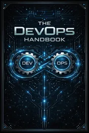 Illustrated cover reading The DevOps Handbook, two gears labeled Dev and Ops joined in an infinity loop over glowing blue circuit traces