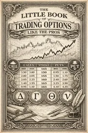 Engraving-style illustration titled The Little Book of Trading Options Like the Pros, with a price chart, a table of call and put quotes, the Greek letters delta, gamma, theta and vega, and a quill and inkwell