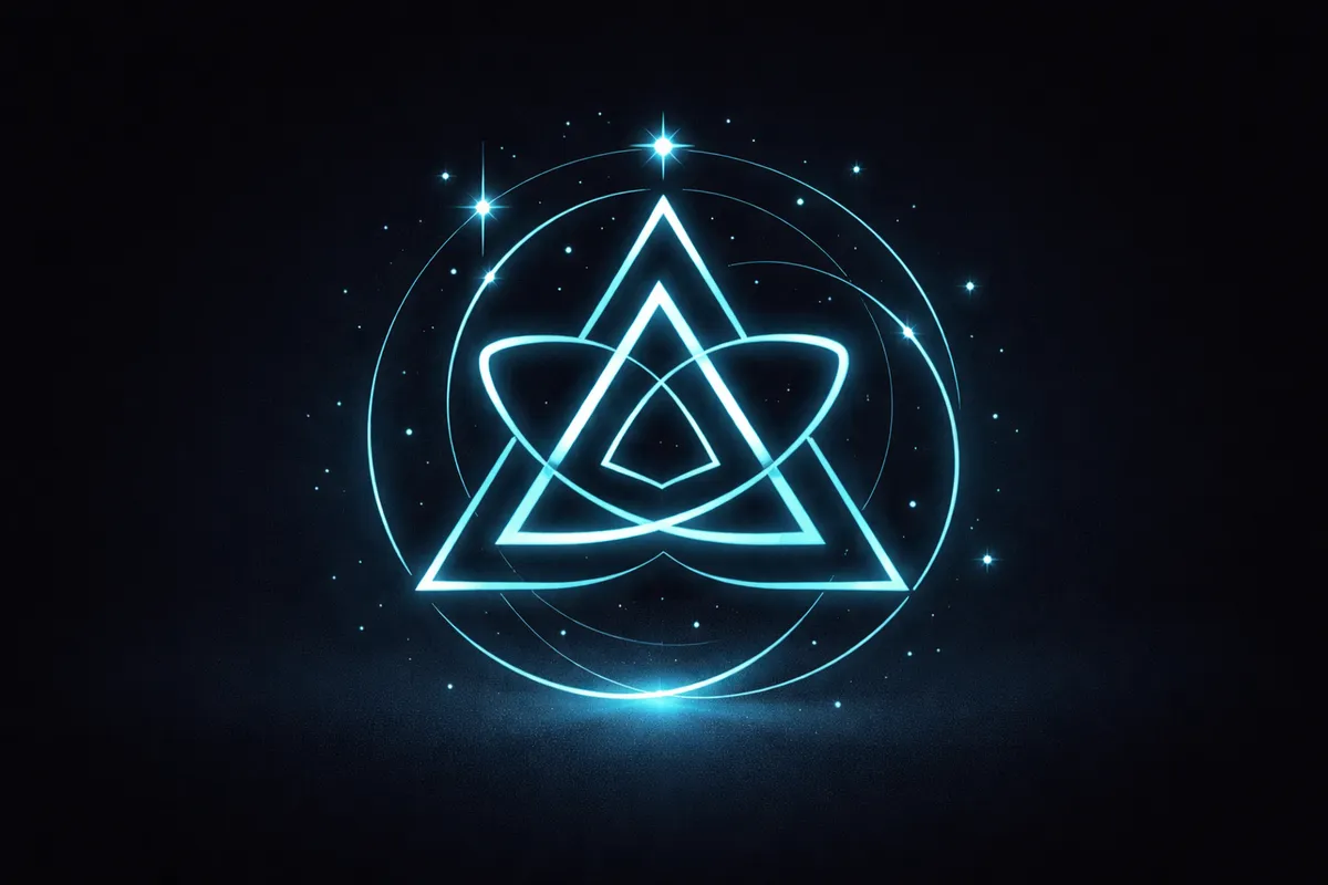 Glowing cyan line drawing of a triangle interlaced with an oval knot inside a circle, on a dark starry background