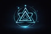 Glowing cyan line drawing of a triangle interlaced with an oval knot inside a circle, on a dark starry background