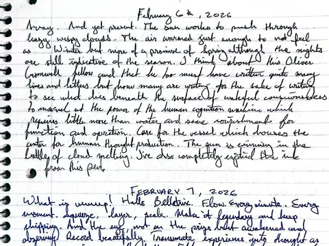 The February 6 handwritten entry: away, and yet present. The sun works to push through hazy wispy clouds.