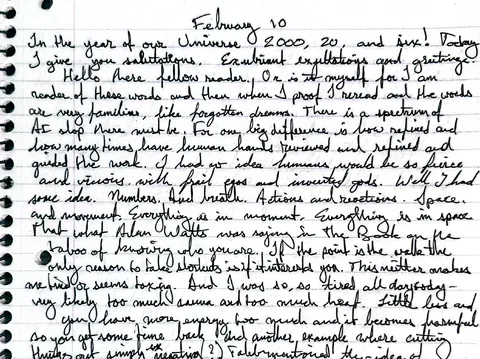 The opening of the February 10 handwritten entry: in the year of our Universe 2000, 20, and six.
