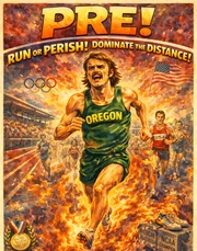 Retro poster illustration of a mustached runner in an Oregon singlet surging ahead of the field through flames, with Olympic rings, an American flag and the banner Pre! Run or Perish! Dominate the Distance!