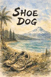 Watercolor of a worn pair of running shoes on a beach, a snow-capped volcano across the water and the words Shoe Dog brushed above