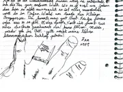 The bottom of the March 8 page, written left-handed: a German passage, I AM LEFT, and a sketch of a hand.