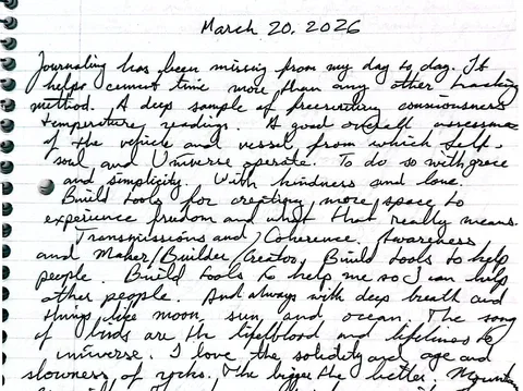 The opening of the March 20 handwritten entry: journaling has been missing from my day to day.