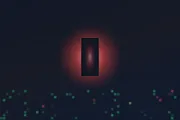 Dark abstract image of a glowing red-edged black rectangle like a doorway, scattered green and red pixel squares along the bottom